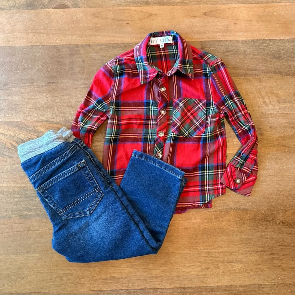 Boys Red Plaid Shirt and Blue Jeans Set - 3T holiday Christmas festive 🎄❄️ - Picture 1 of 6